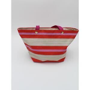 Fossil Tote Bag Beach Red Pink Stripe Canvas Travel Shoulder Zips Summer